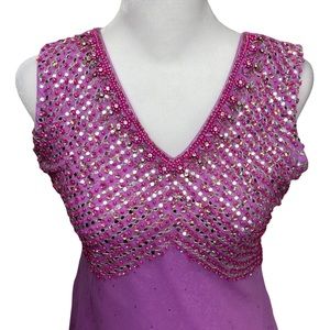 Aalok Beaded Sequin V-Neck Midi Embellished Purple Pink Floral Dress Size 4/6